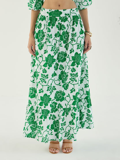 Women's White & Green Floral Wrap Neck Top With Ski