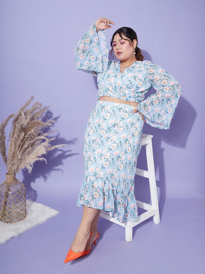 Women's Turquoise Floral Crop Top With Midi Skirt