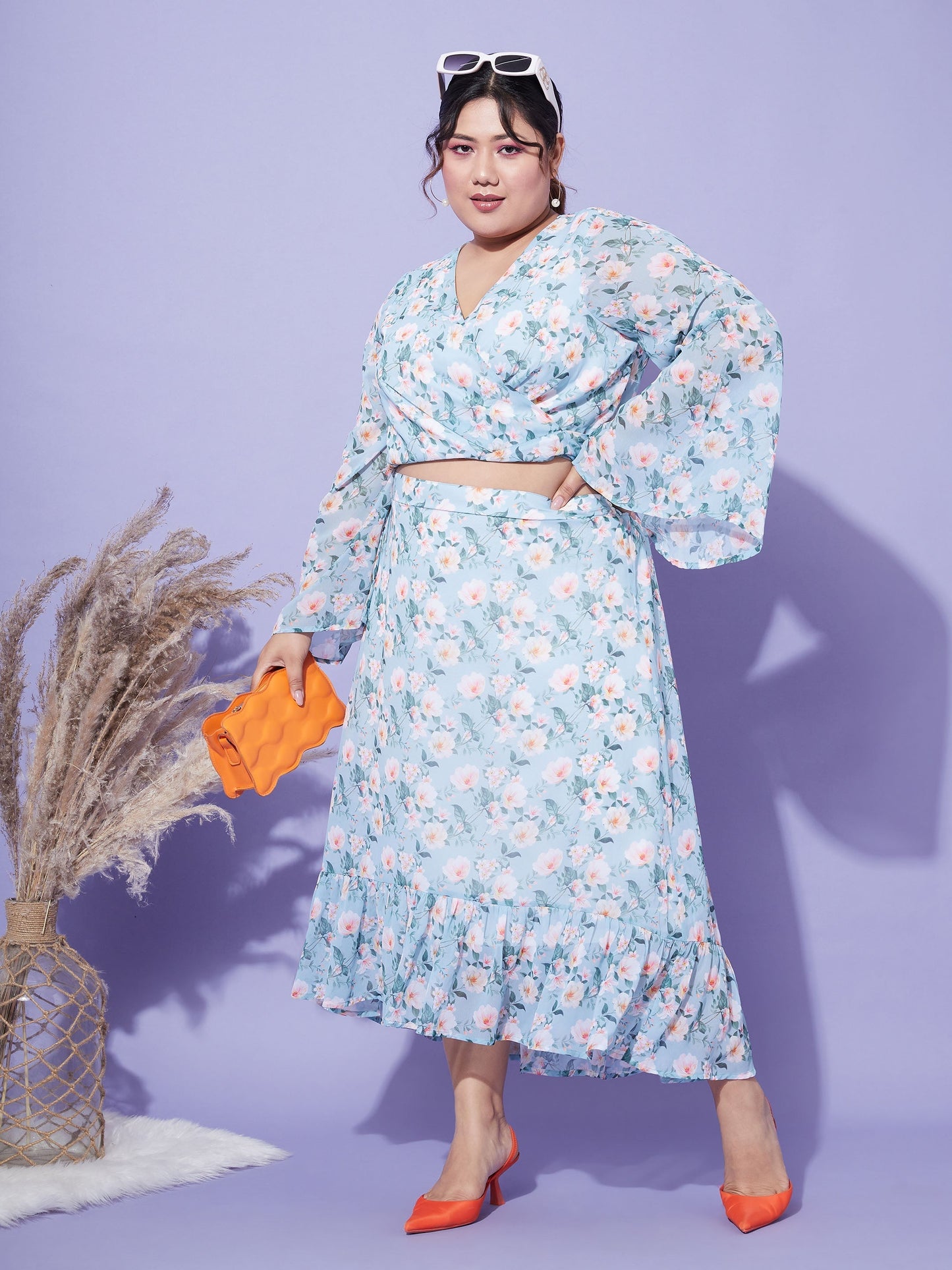 Women's Turquoise Floral Crop Top With Midi Skirt