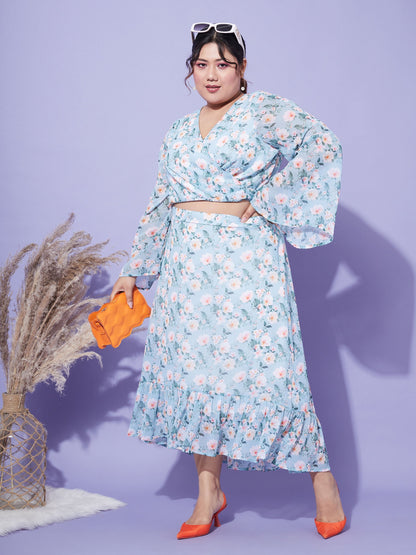 Women's Turquoise Floral Crop Top With Midi Skirt