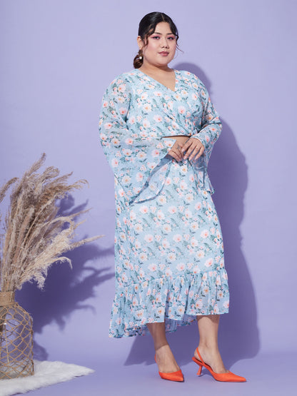 Women's Turquoise Floral Crop Top With Midi Skirt