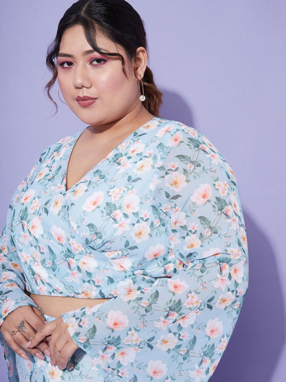 Women's Turquoise Floral Crop Top With Midi Skirt
