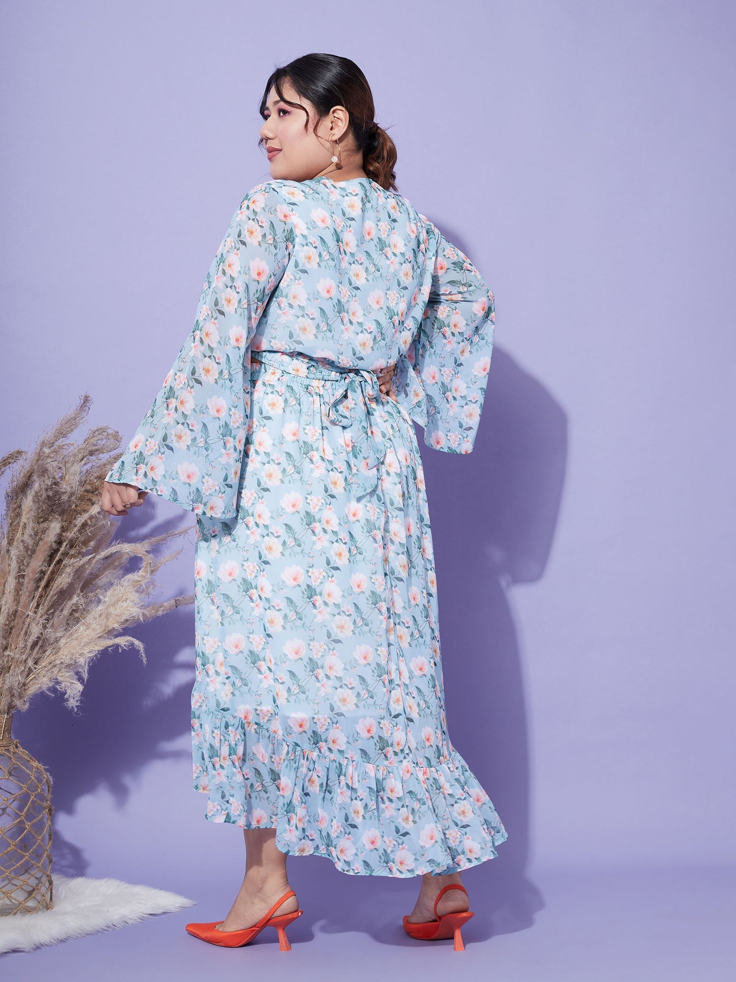 Women's Turquoise Floral Crop Top With Midi Skirt