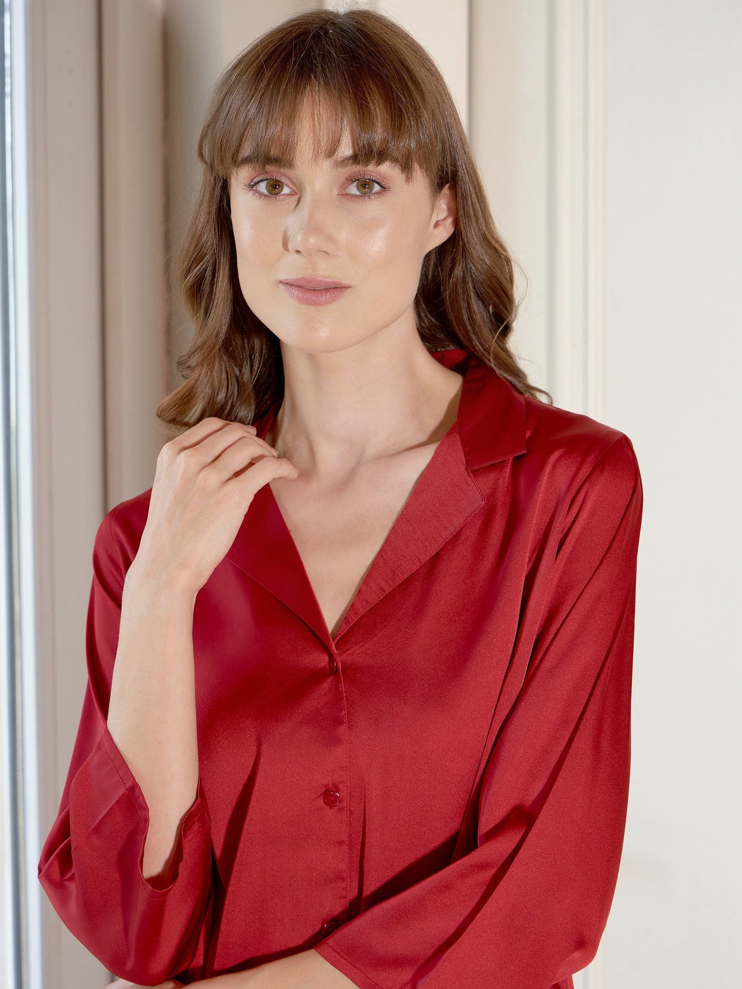 Women's Maroon Satin Shirt With Lounge Pants