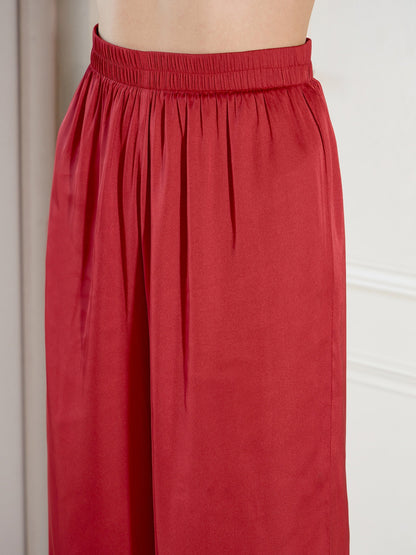 Women's Maroon Satin Shirt With Lounge Pants
