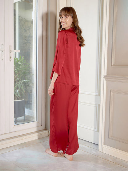 Women's Maroon Satin Shirt With Lounge Pants