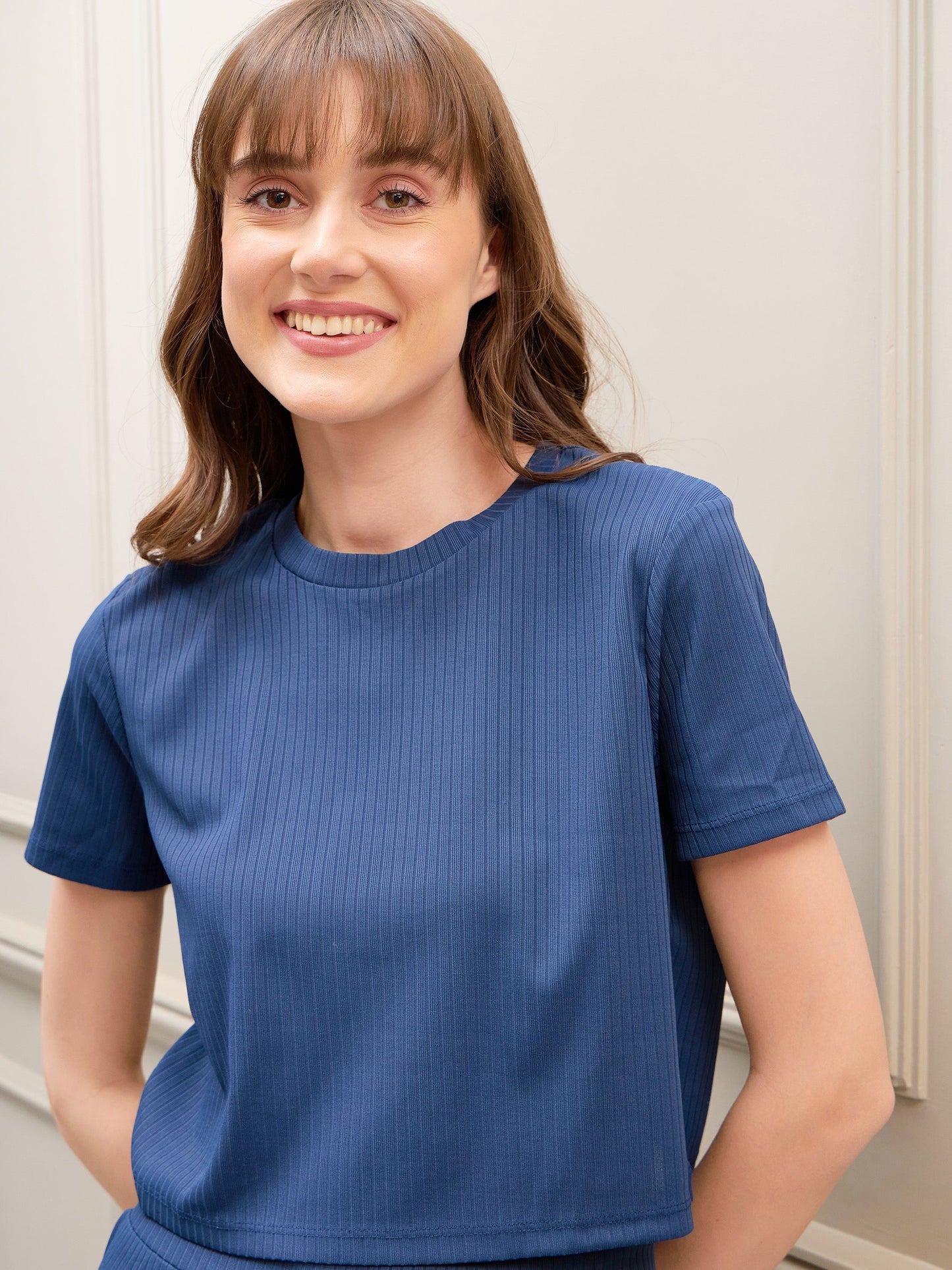 Women's Navy Rib Crop Top With Straight Pants