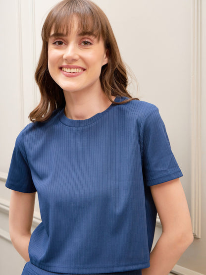 Women's Navy Rib Crop Top With Straight Pants