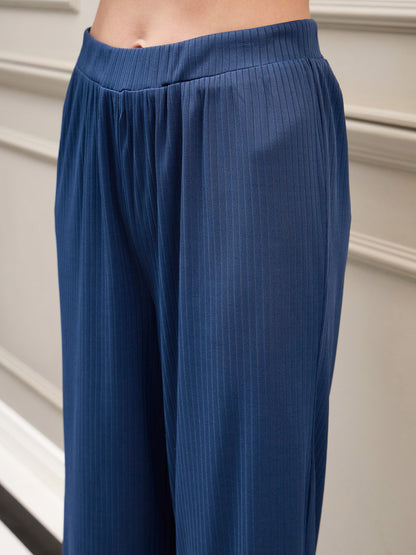 Women's Navy Rib Crop Top With Straight Pants