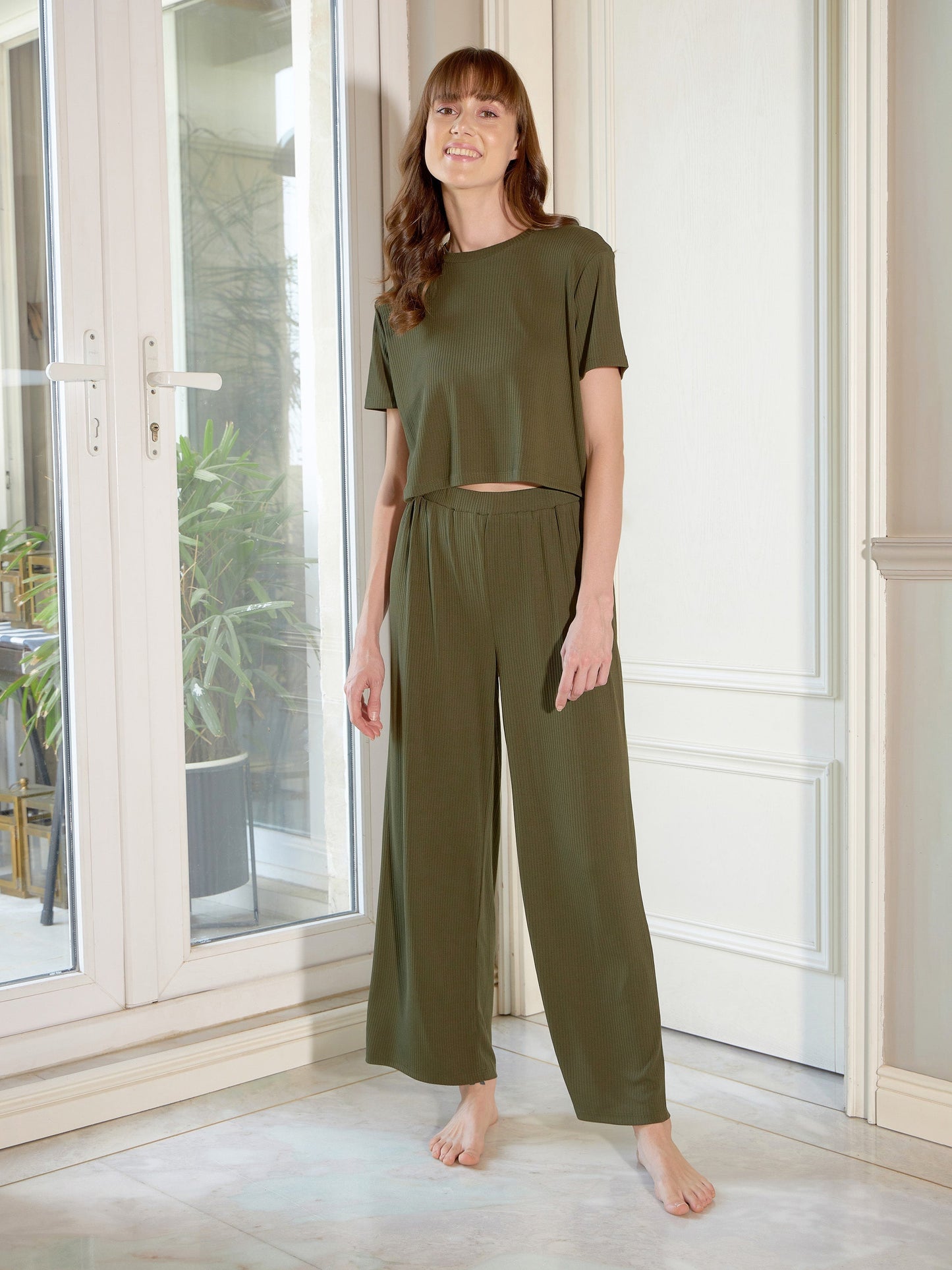 Women's Olive Rib Crop Top With Straight Pants