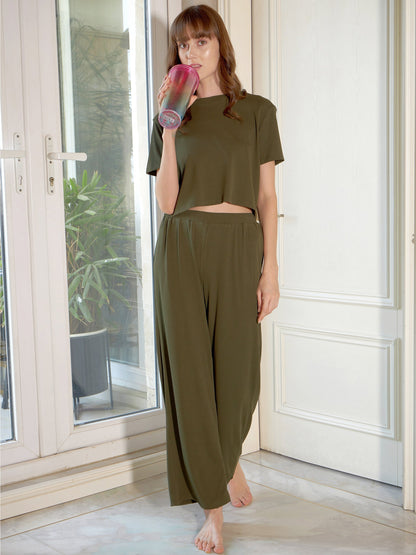 Women's Olive Rib Crop Top With Straight Pants