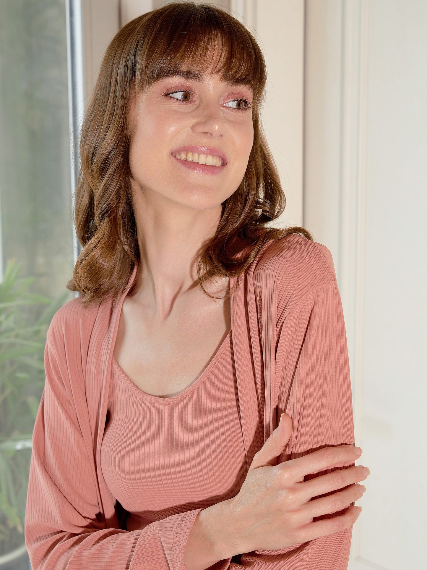 Women's Peach Rib Strappy Top With Pants & Longline Shrug