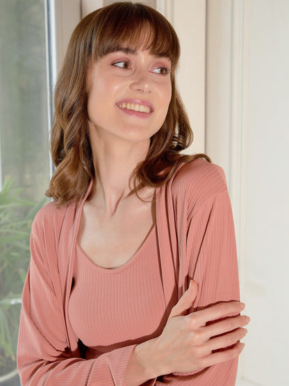 Women's Peach Rib Strappy Top With Pants & Longline Shrug