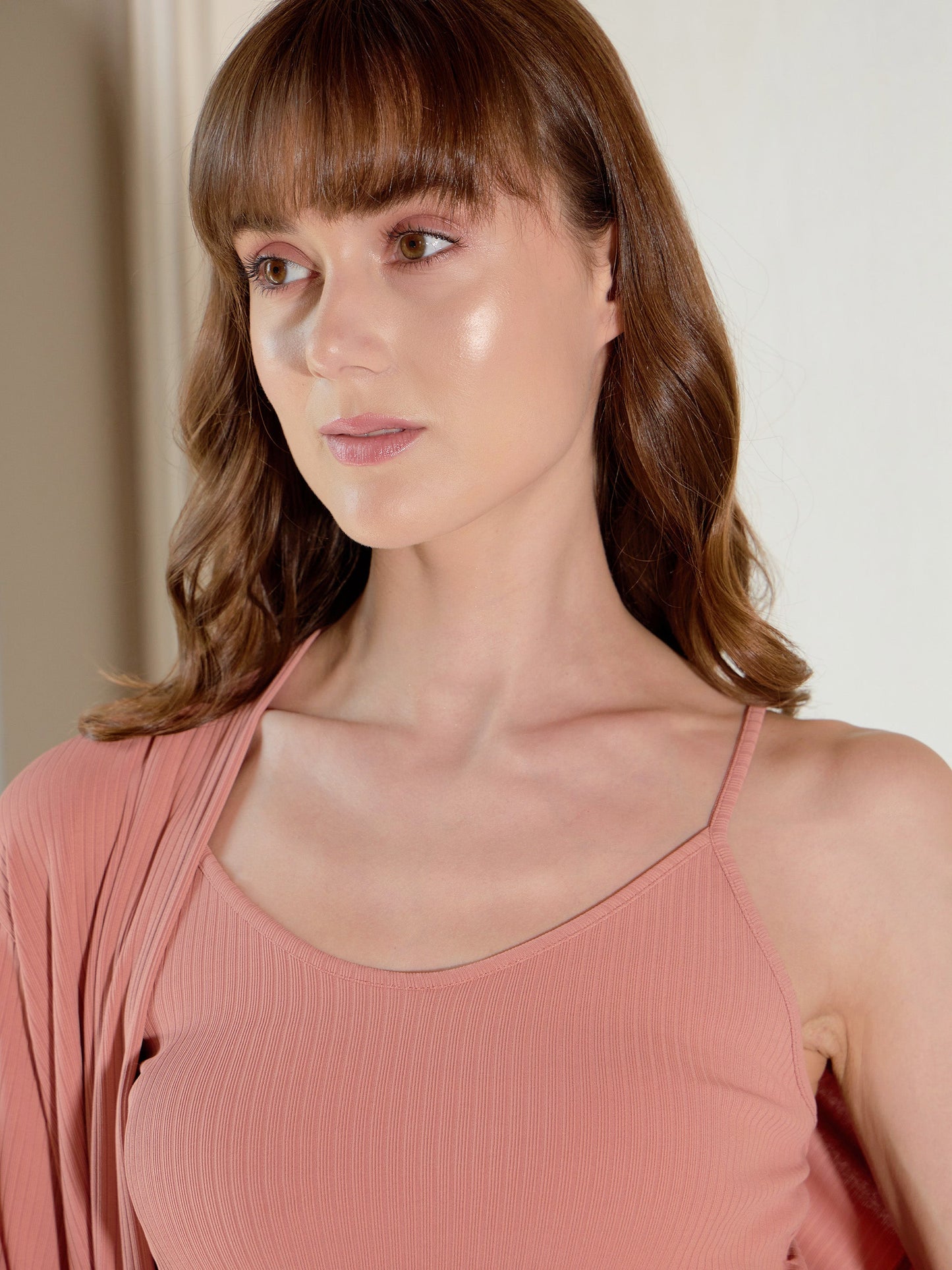 Women's Peach Rib Strappy Top With Pants & Longline Shrug