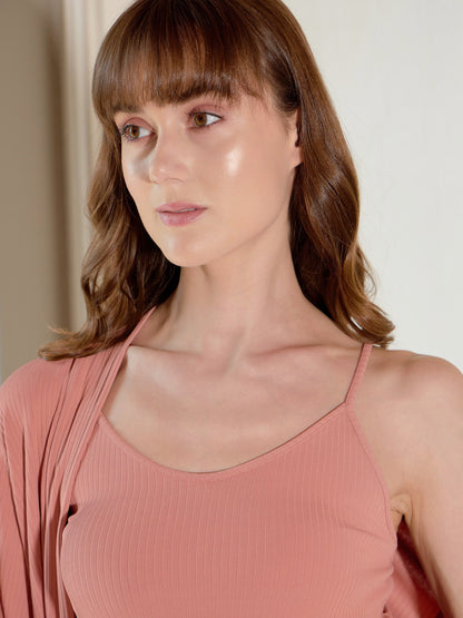 Women's Peach Rib Strappy Top With Pants & Longline Shrug