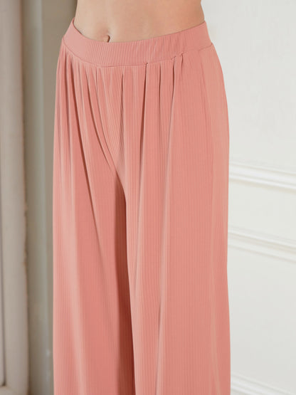 Women's Peach Rib Strappy Top With Pants & Longline Shrug