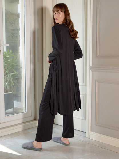 Women's Black Rib Strappy Top With Pants & Longline Shrug