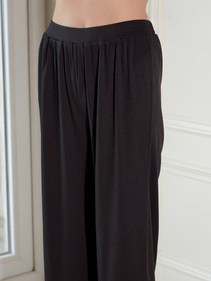 Women's Black Rib Strappy Top With Pants & Longline Shrug