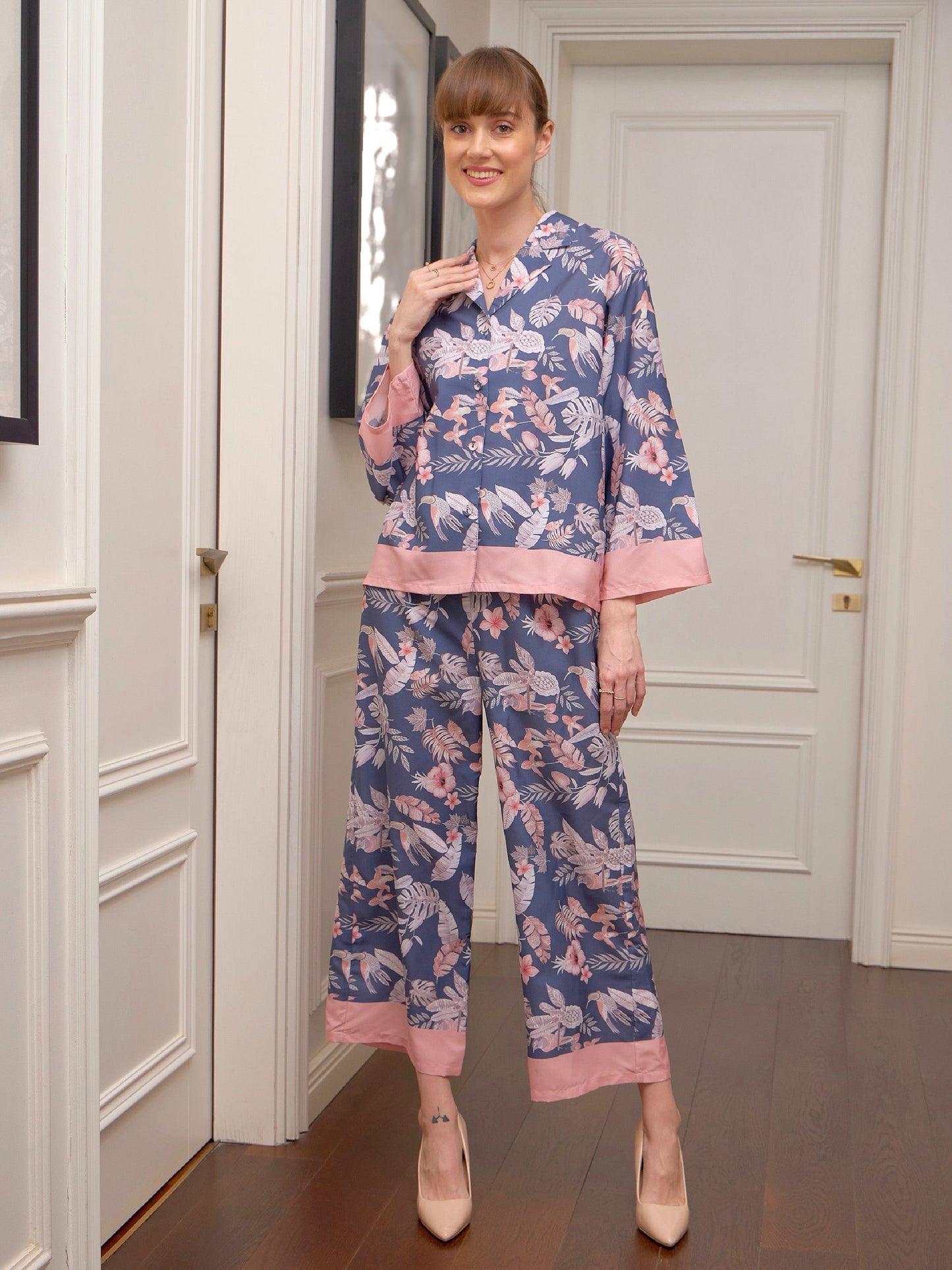 Women's Navy Floral Notch Collar Shirt With Lounge Pants