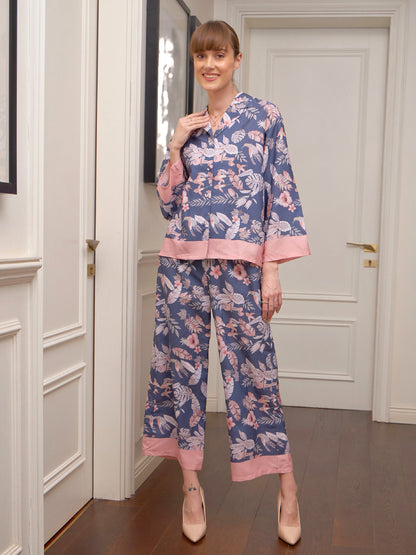 Women's Navy Floral Notch Collar Shirt With Lounge Pants