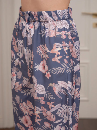 Women's Navy Floral Notch Collar Shirt With Lounge Pants