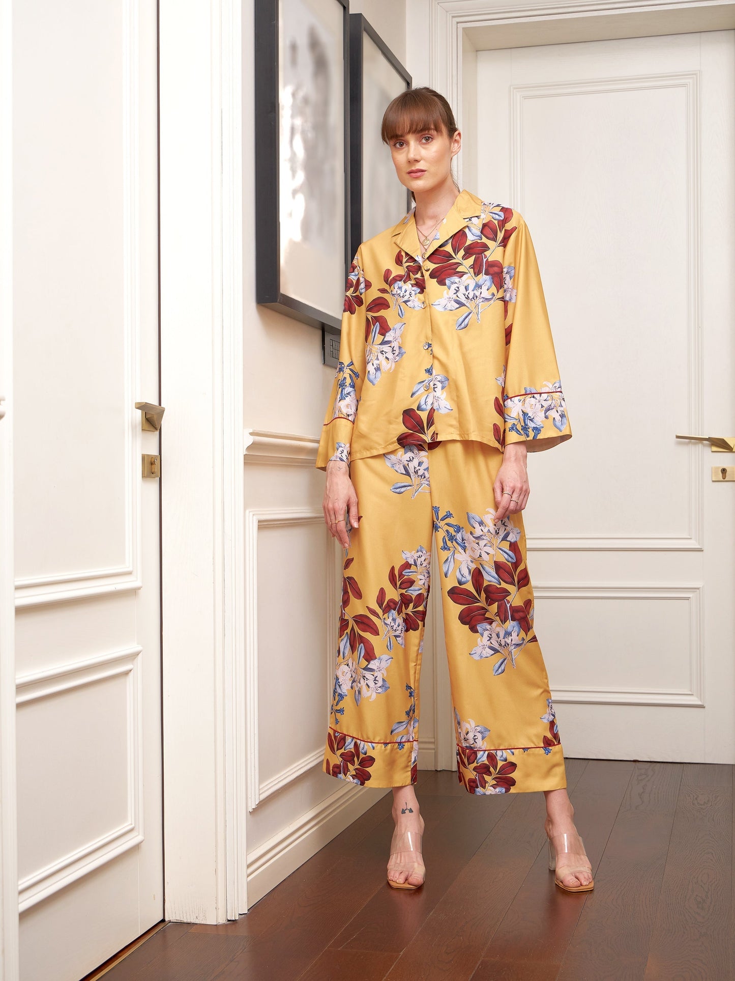 Women's Yellow Floral Notch Collar Shirt With Lounge Pants