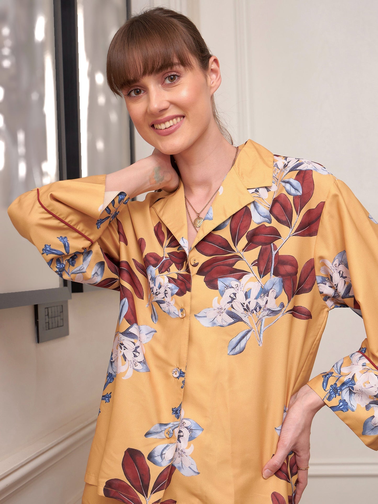 Women's Yellow Floral Notch Collar Shirt With Lounge Pants