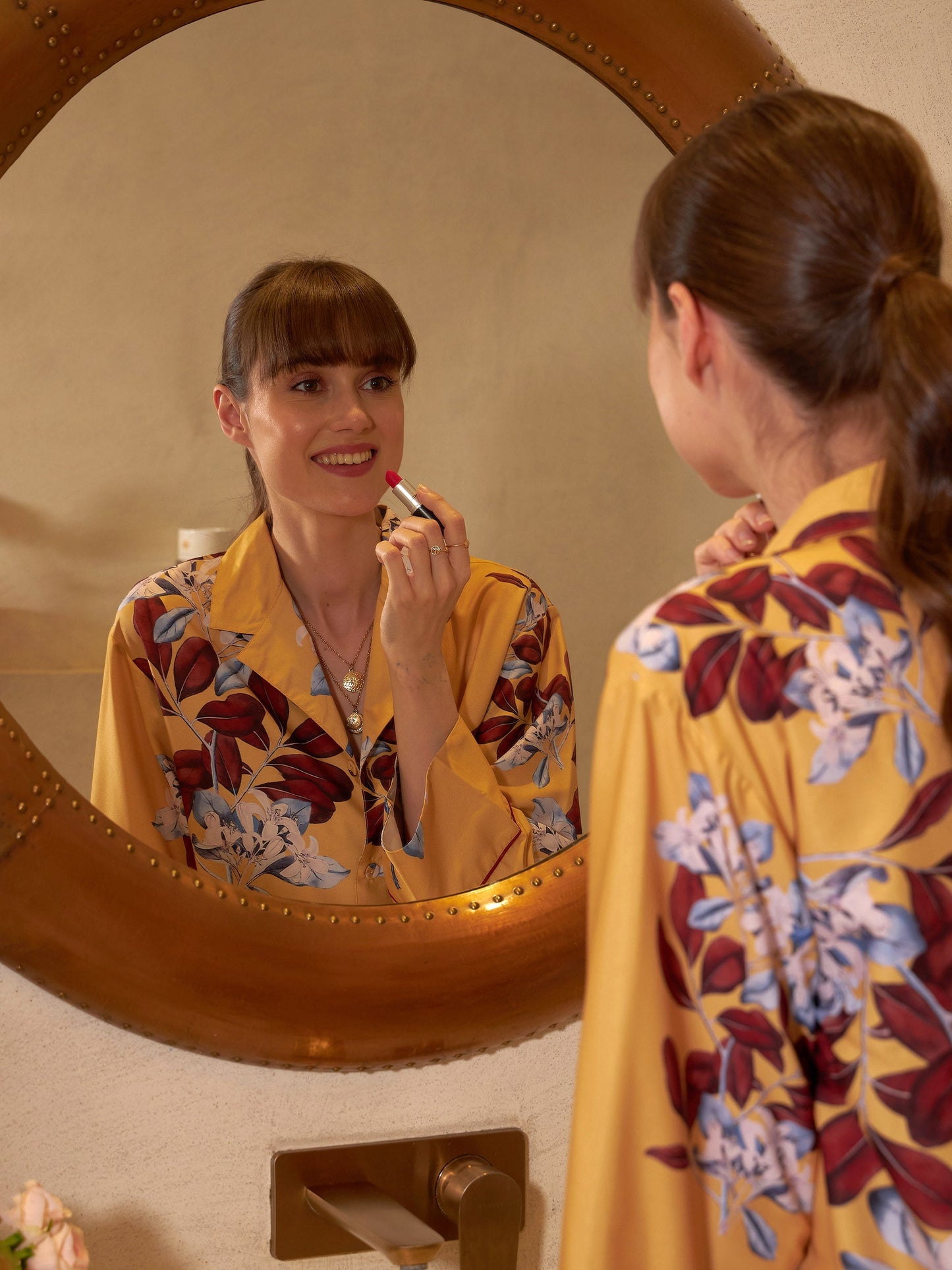 Women's Yellow Floral Notch Collar Shirt With Lounge Pants