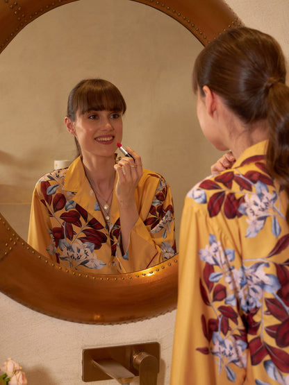 Women's Yellow Floral Notch Collar Shirt With Lounge Pants