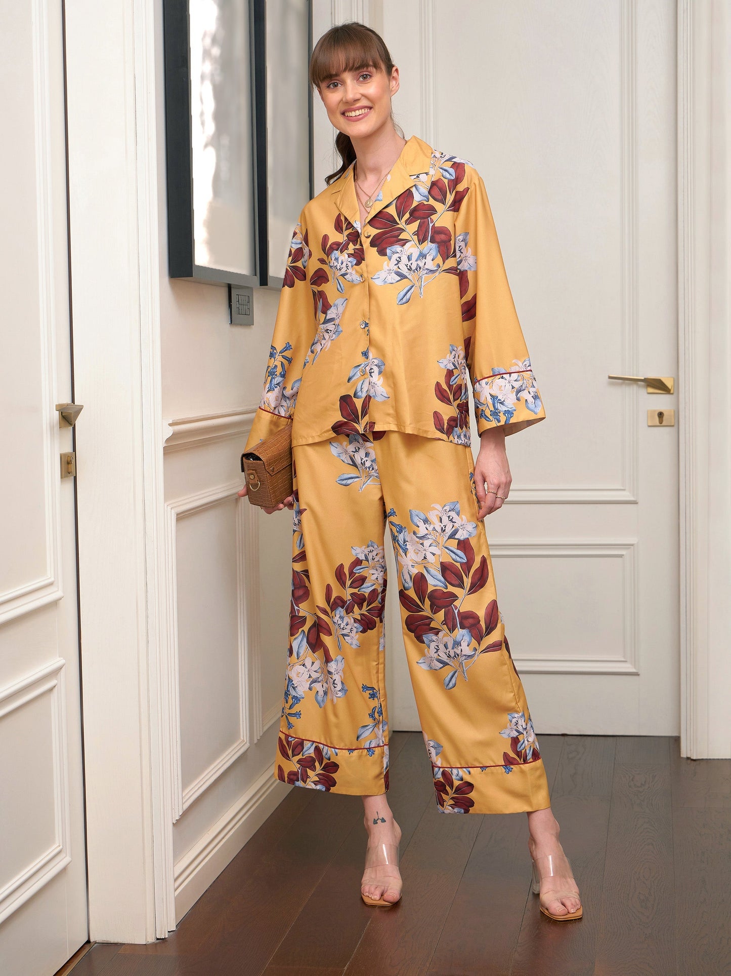 Women's Yellow Floral Notch Collar Shirt With Lounge Pants