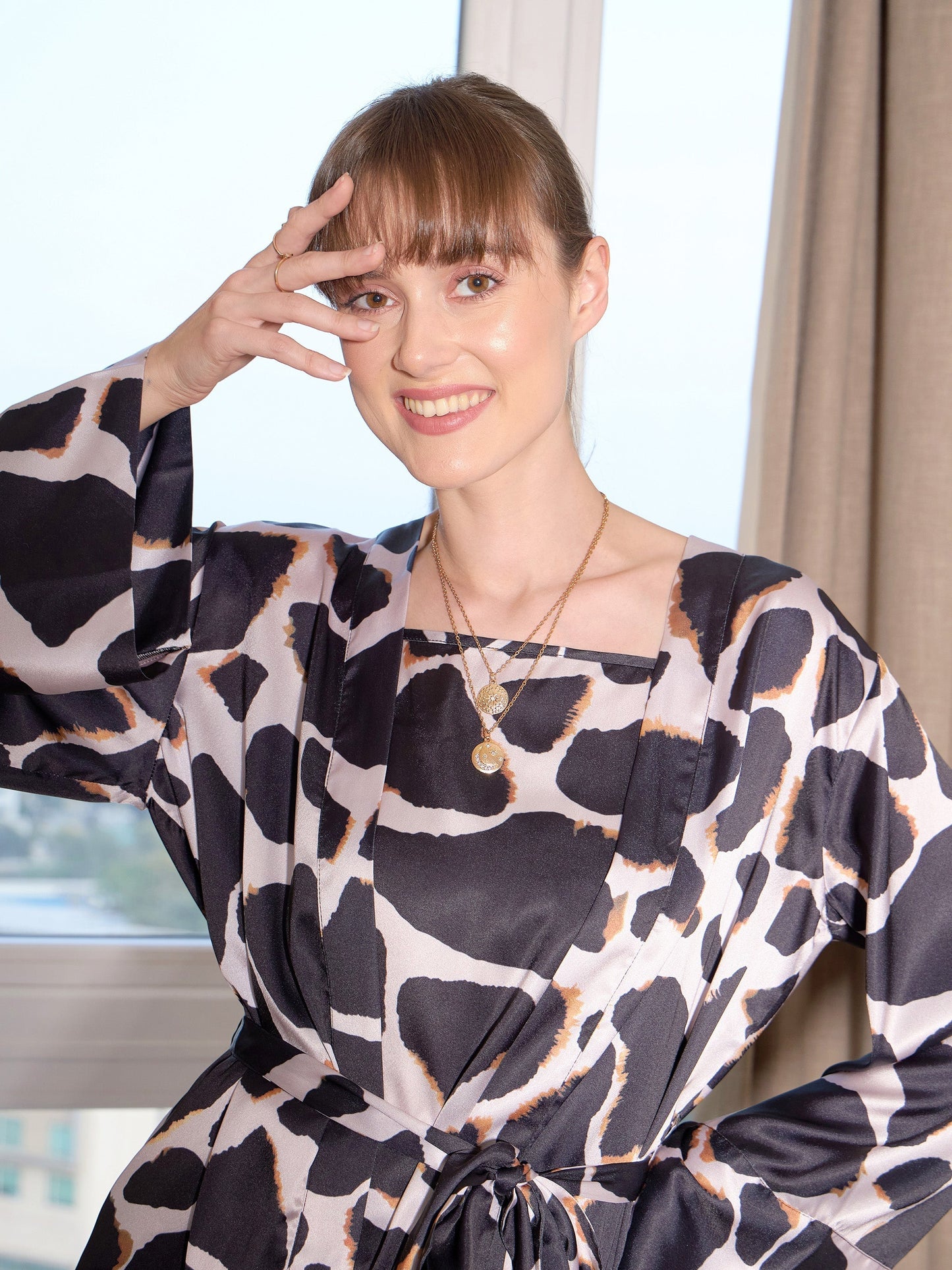 Women's Black Satin Leopard Top With Lounge Pants & Belted Robe