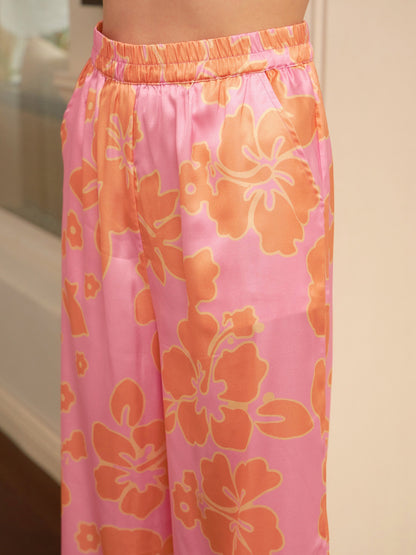 Women's Pink Satin Floral Wrap Belted Shirt With Lounge Pants