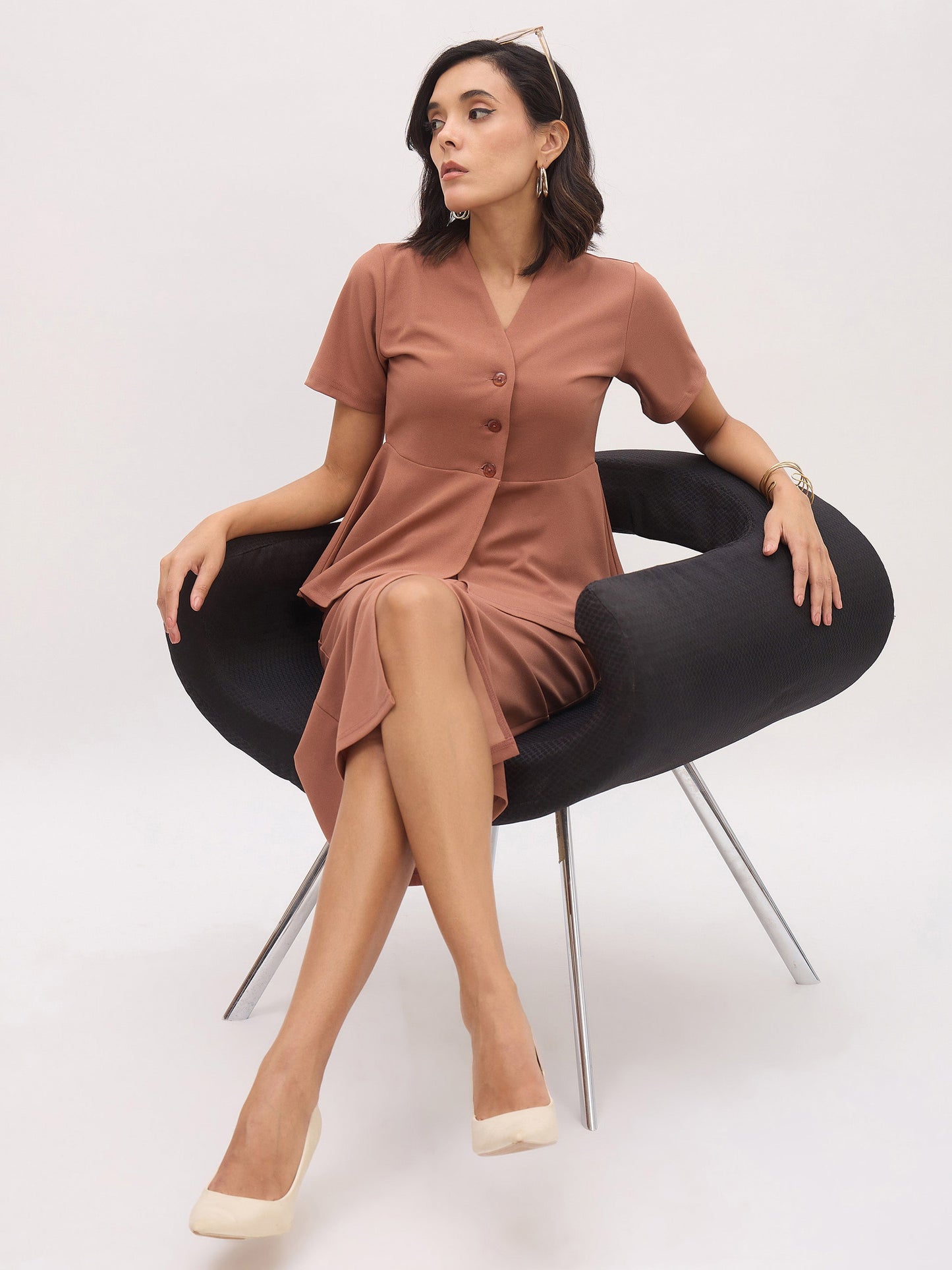 Women's Rust Peplum Top With Midi Slit Skirt