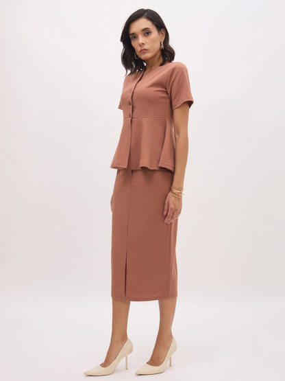 Women's Rust Peplum Top With Midi Slit Skirt