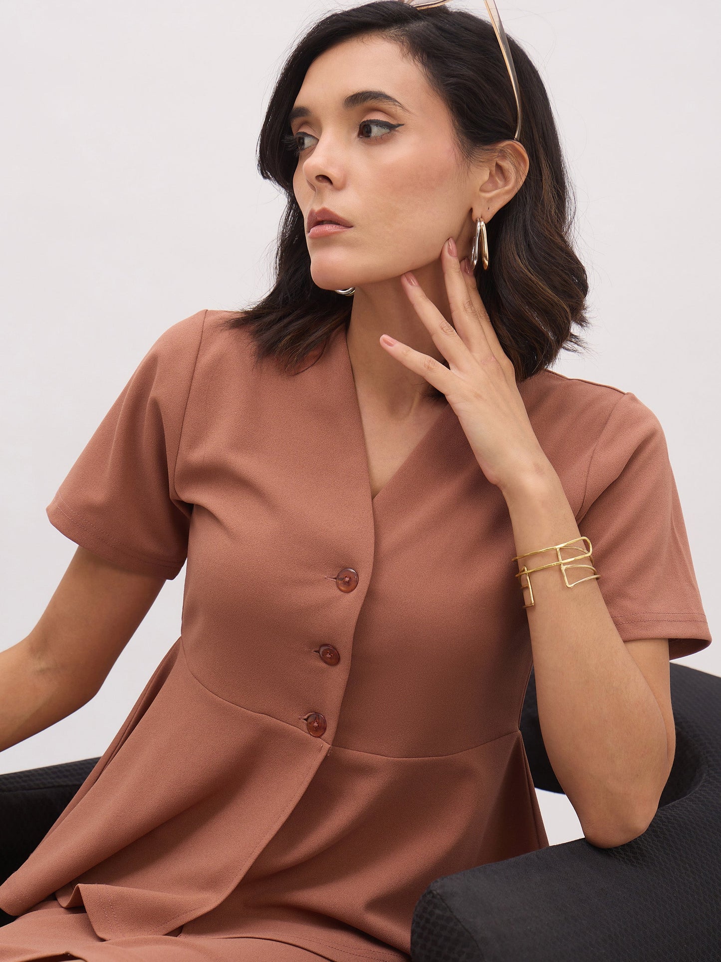 Women's Rust Peplum Top With Midi Slit Skirt
