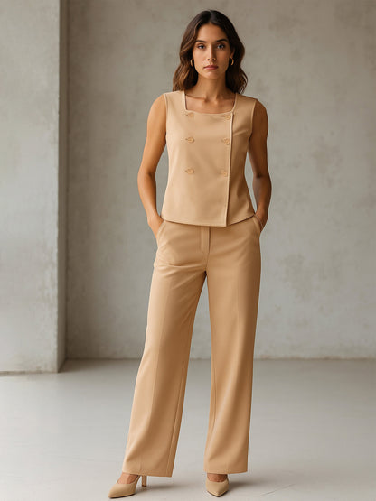Women's Beige Sleeveless Button Top With Straight Pants