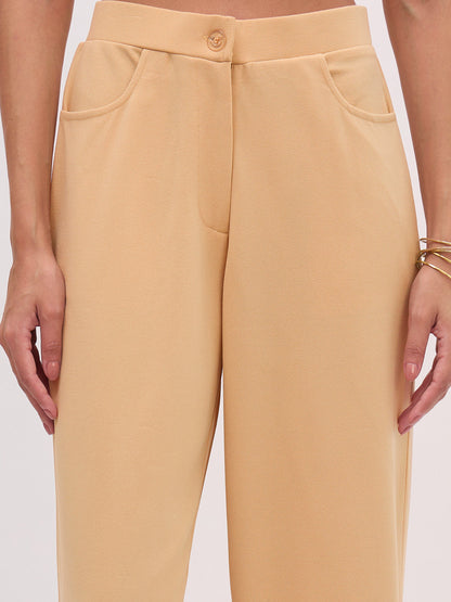 Women's Beige Sleeveless Button Top With Straight Pants