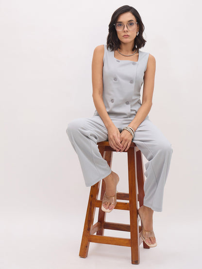 Women's Grey Sleeveless Button Top With Straight Pants