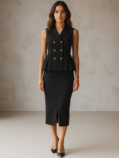 Women's Black Sleeveless Notched Button Top With Skirt