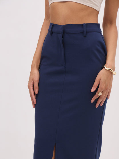 Women's Blue Sleeveless Notched Button Top With Skirt