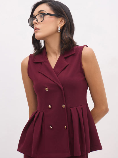 Women's Burgundy Sleeveless Notched Button Top With Skirt