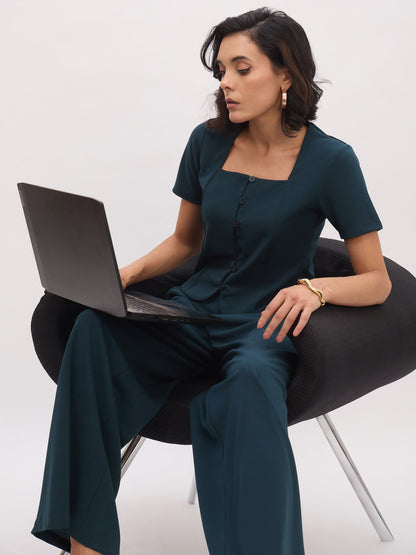 Women's Emerald Green Button Top With Cross Pocket Pants
