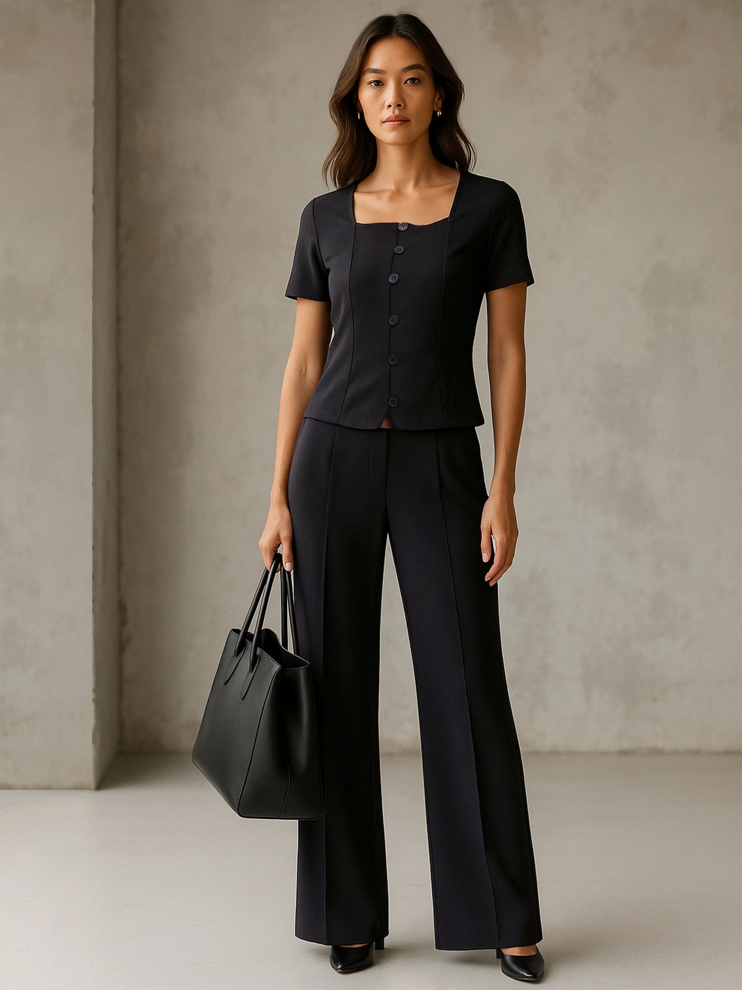 Women's Black Button Top With Cross Pocket Pants