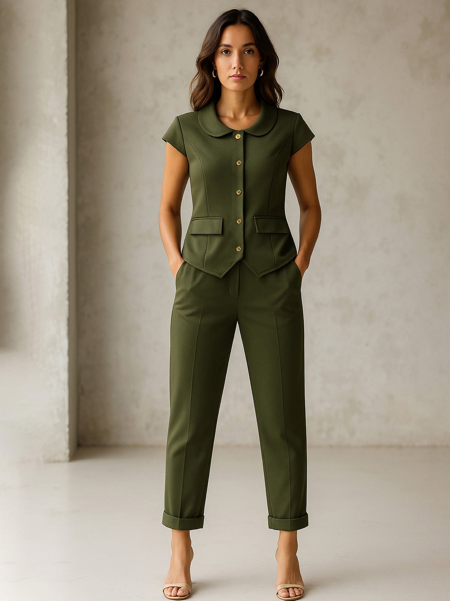 Women's Olive PeterPan Cap Sleeve Button Top With Trousers