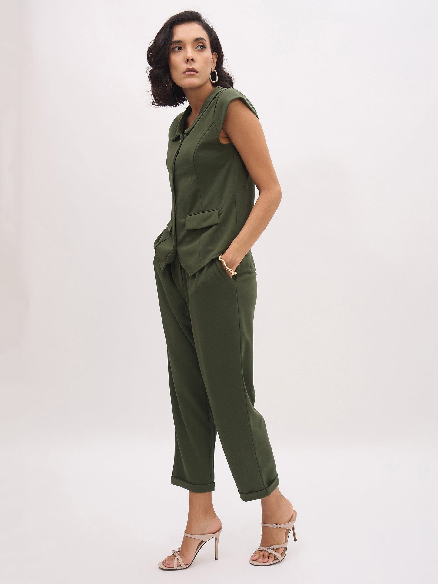 Women's Olive PeterPan Cap Sleeve Button Top With Trousers