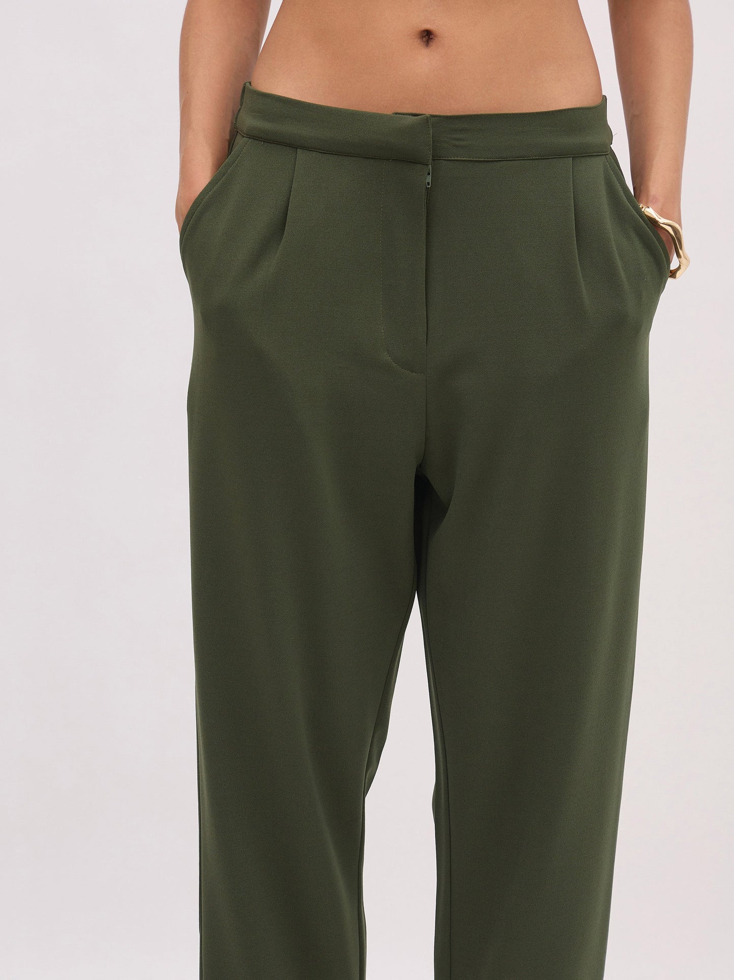 Women's Olive PeterPan Cap Sleeve Button Top With Trousers