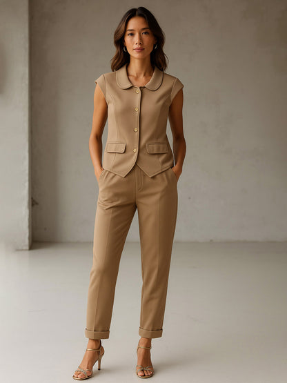 Women's Beige PeterPan Cap Sleeve Button Top With Trousers