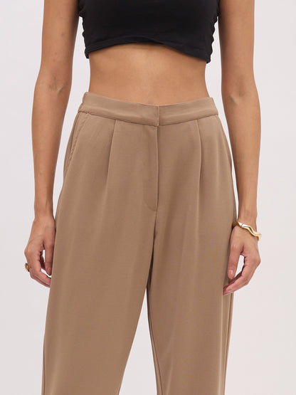 Women's Beige PeterPan Cap Sleeve Button Top With Trousers