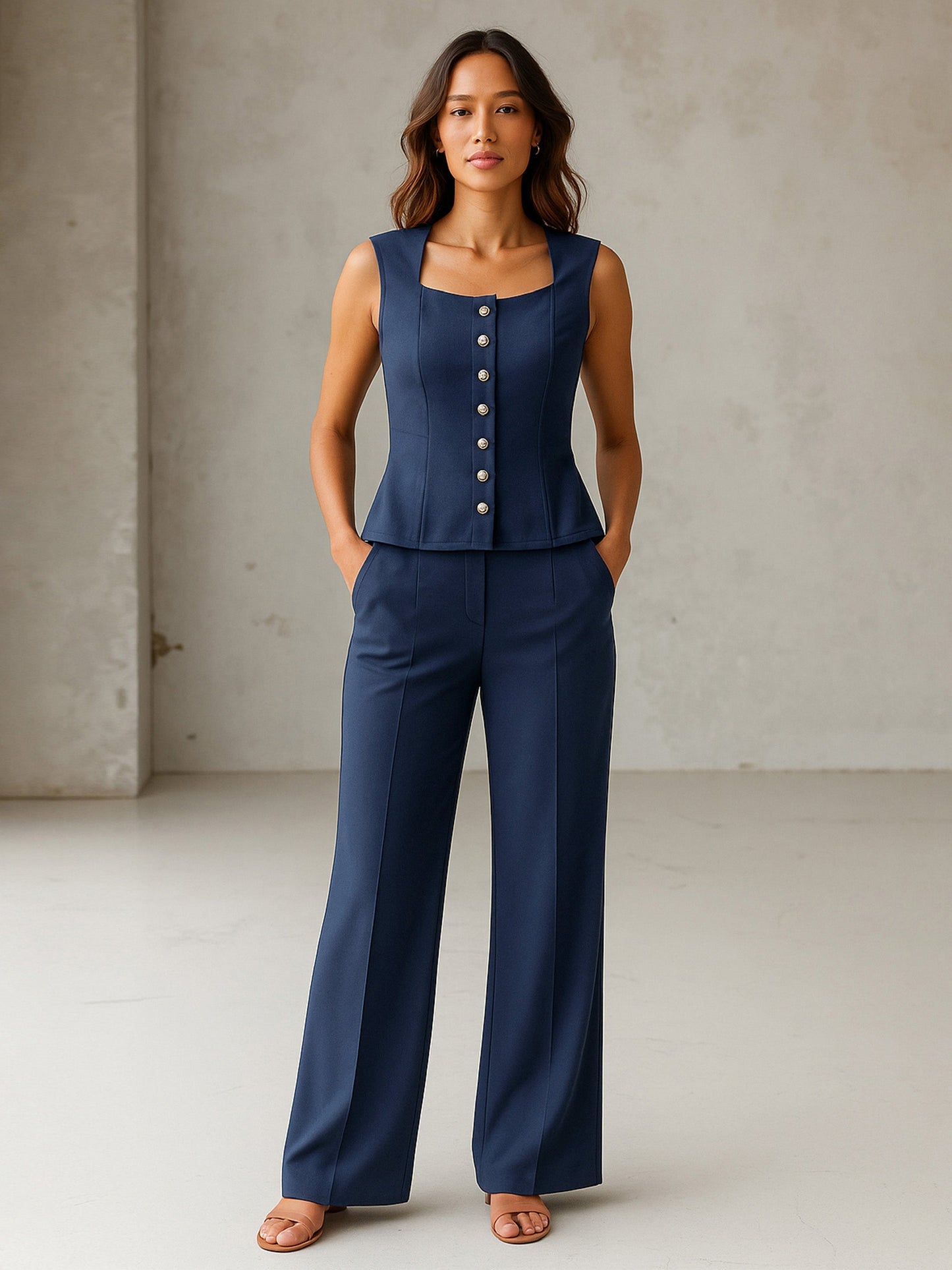 Women's Blue Rhombus Neck Top With Cross Pocket Pants
