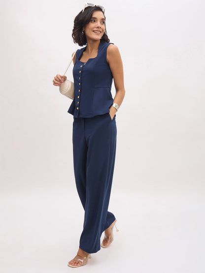 Women's Blue Rhombus Neck Top With Cross Pocket Pants